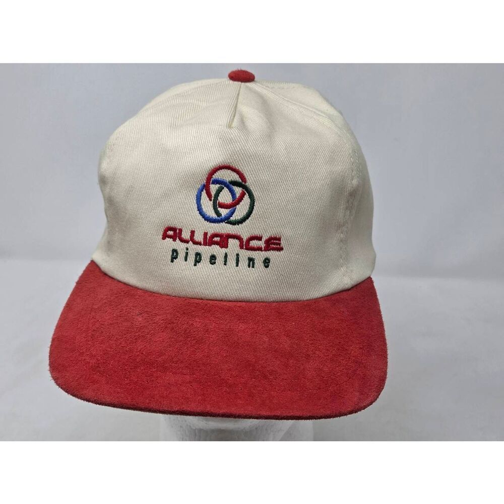 ALLIANCE PIPELINE CREAM RED SUEDE BASEBALL HAT CAP STRAPBACK NATURAL GAS